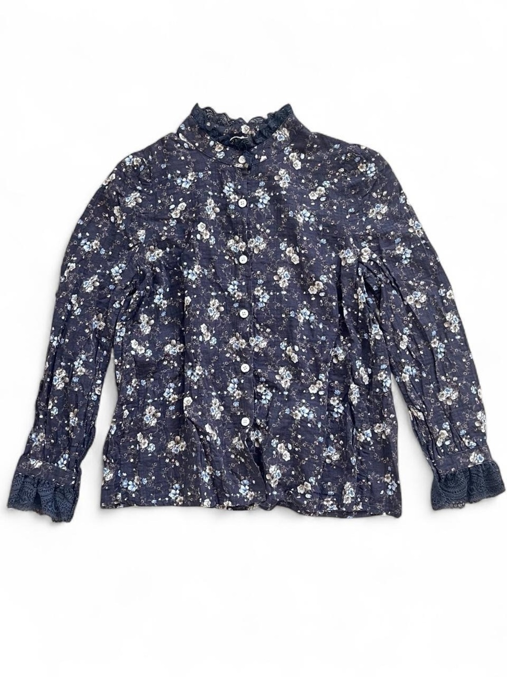 POL Navy Floral Lace-Cuff Button Front Blouse